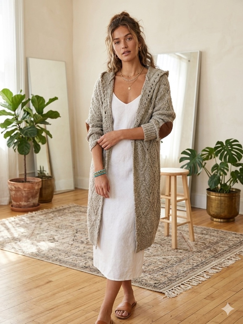 POL Hooded Diamond Cable Knit Maxi Cardigan Boho Suede Elbow Patch Grey M